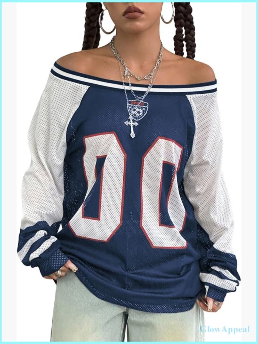 Oversized Long Sleeve Jersey Top Y2K Off Shoulder Graphic Tee Streetwear